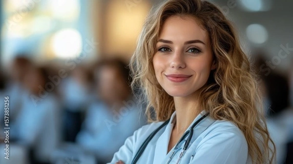Obraz Friendly female doctor with a stethoscope smiling to the camera in clinic