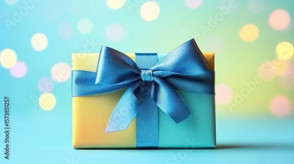 Obraz Wrapped present with a satin ribbon on a bokeh light abstract background