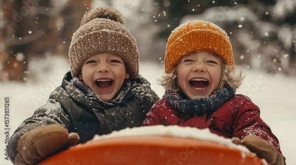 Obraz Delighted children embracing winter joys with beaming smiles during a sledding adventure
