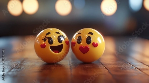 Obraz Two affectionate emoji balls, embodying love and joyous expression on wood surface