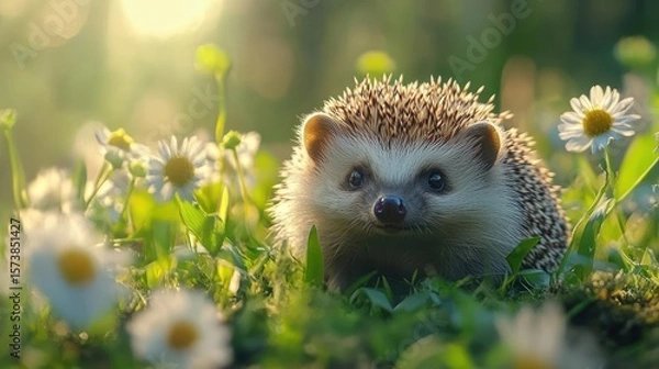 Obraz Enchanting hedgehog portrait amid a field of vibrant daisies in soft light