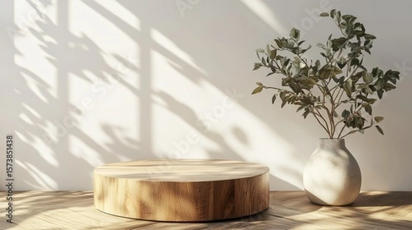 Obraz Elegant wooden podium with plant accent and light play for product showcase