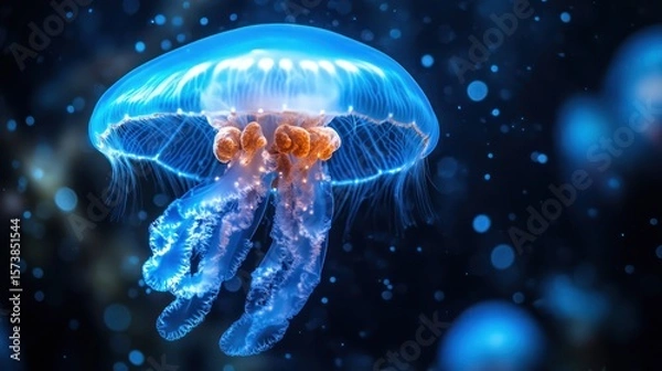 Obraz Glowing Jellyfish Drifting Gracefully in Deep Blue Ocean Depths Background