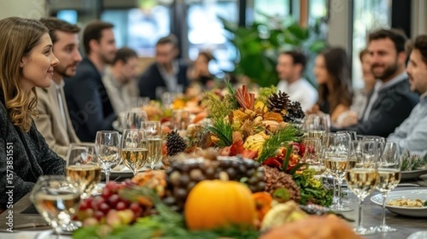 Obraz Festive autumn celebration with diverse group sharing a lavishly decorated table