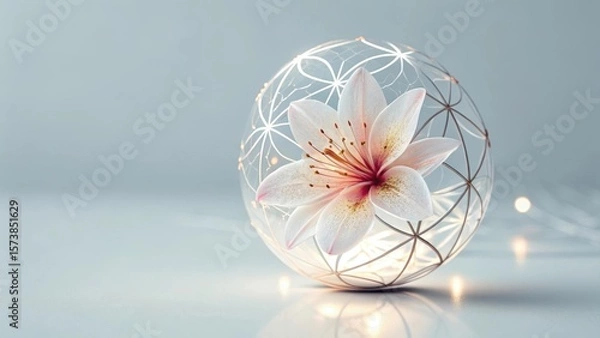 Fototapeta Elegant lily blossom encased in a delicate geometric glass orb, illuminated with soft light and a serene background