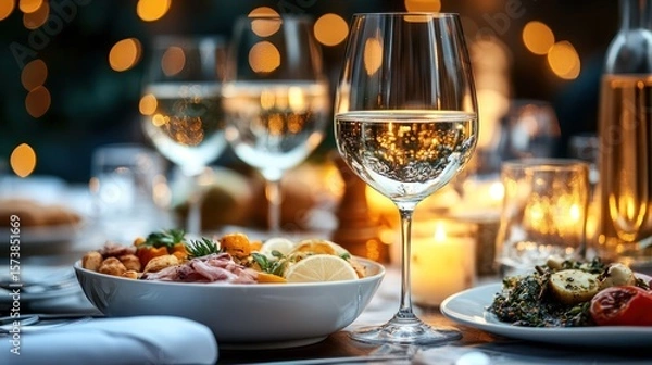 Obraz Elegant dining experience featuring wine and gourmet appetizers on a table