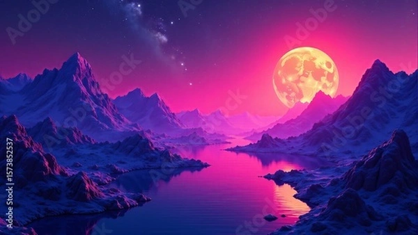Fototapeta Fantasy World with Glowing Moon and Reflective Lake