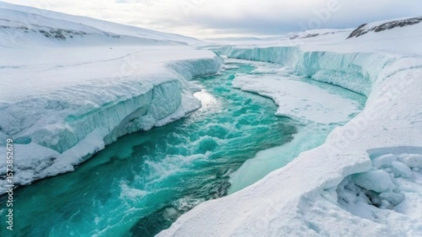 Fototapeta Turquoise river flows through a snowy arctic landscape with ice formations and mountains in the background under a cloudy sky