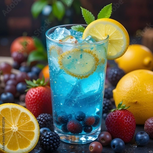 Fototapeta Fresh and cold fruit cocktail with lime, mint, and ice in a glass, a perfect summer refreshment