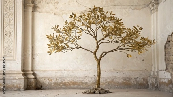 Fototapeta Golden tree sculpture with leaves in an aged room with ornate architectural details and peeling paint creating a contrast