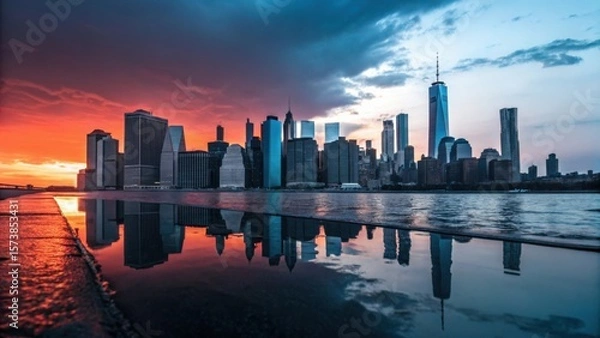 Fototapeta Panoramic view of new york city skyline at sunset reflected in water, showcasing urban architecture and vibrant sky colors