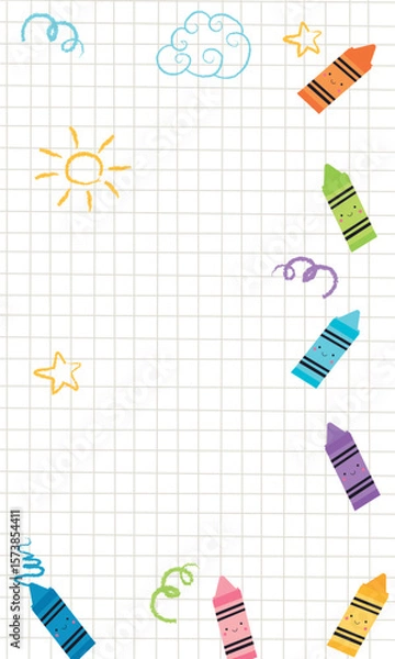 Fototapeta fondo vertical de hoja cuadriculada, con marco de  dibujos y crayones de colores 