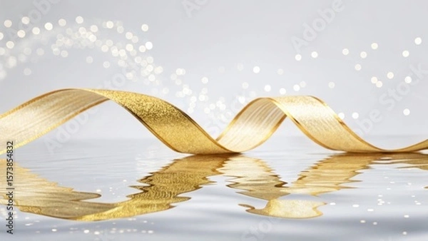 Fototapeta Elegant golden ribbon gracefully reflected on a water surface with sparkling bokeh background