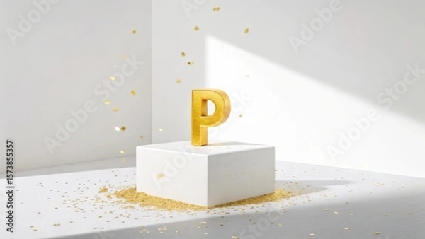 Fototapeta Golden letter p on a white pedestal with confetti against a white background corner
