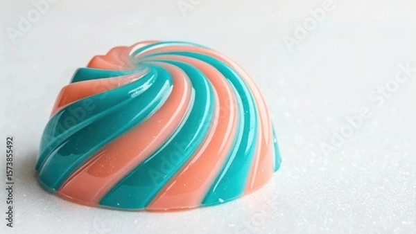 Fototapeta Close up of a dome shaped dessert with teal and peach colored swirls on a white surface