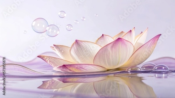 Fototapeta Elegant lotus flower with pink tips floating on water with bubbles around it, creating a serene and peaceful atmosphere