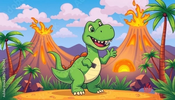 Fototapeta Cute cartoon T-Rex smiling and waving, standing in a colorful prehistoric jungle with volcanoes and palm trees