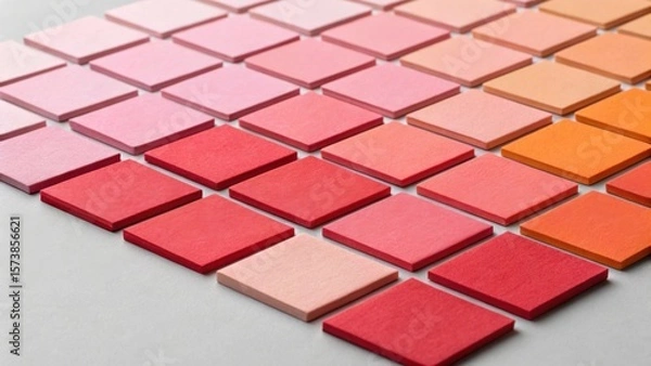 Fototapeta Arrangement of square tiles in varying shades of pink, red, and orange creating a gradient effect on a neutral background