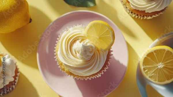 Fototapeta Lemon cupcakes, topped with creamy frosting, decorated with lemon slices, on a pastel pink plate, bathed in sunlight.
