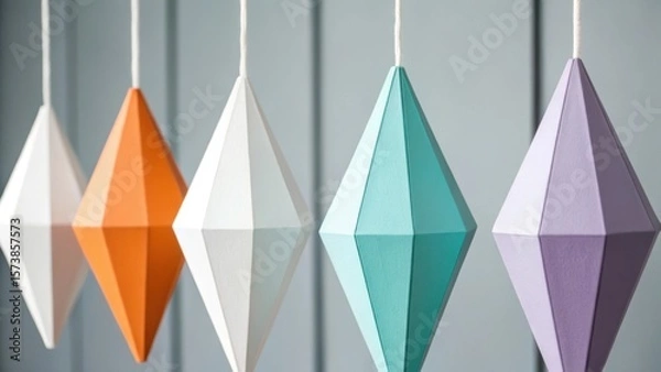 Fototapeta A row of colorful geometric diamond shaped paper lanterns hanging against a soft gray background