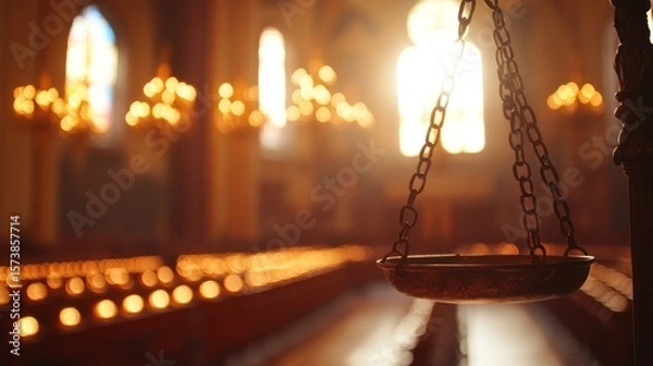 Fototapeta Vintage brass incense burner hanging in a dimly lit church.  Rows of lit candles in the background.  Sunlight streams through stained glass windows..