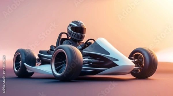 Fototapeta A modern go-kart racer in a sleek, futuristic design, seated and ready to race in a sunlit setting.