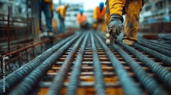 Obraz Workers placing rebar on construction site, background blurred
