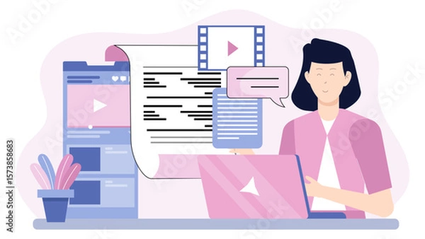 Fototapeta Content writer editing script for video flat vector illustration