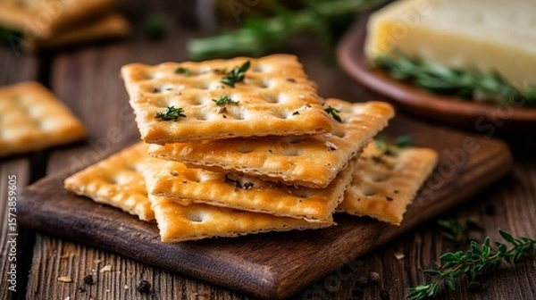 Fototapeta Crackers with cheese and herbs on a wooden table.