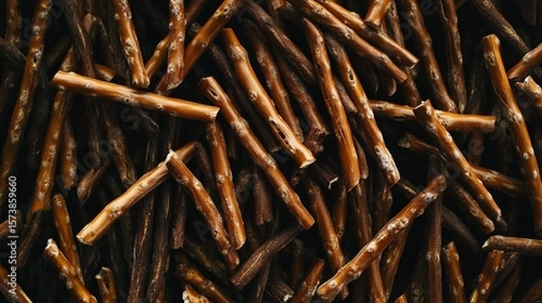 Fototapeta Flat lay of many pretzel sticks forming a crunchy textured background.