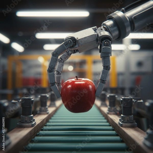 Fototapeta Close up of robotic arm with metallic fingers in gentle grip, holding red apple over conveyor belt. This scene in factory showcases futuristic food production and automation