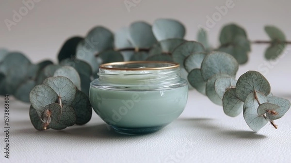 Fototapeta Tiny Glass Bowl with Face Mask and Eucalyptus Essence