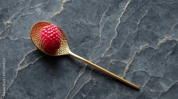Fototapeta Tiny Gold Spoon with Raspberry on Dark Marble Background