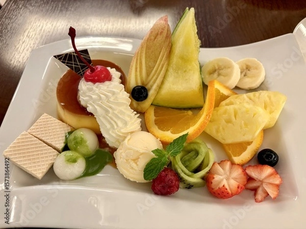 Obraz プリンとフルーツの盛り合わせ