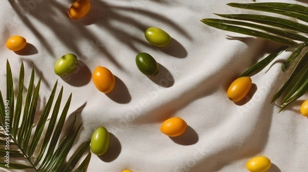 Fototapeta Delightful Display of Tiny Tropical Fruits on Linen