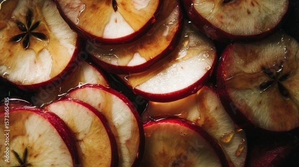 Fototapeta Delicious Top View of Apple Slices Drizzled with Honey for a Warm Mood