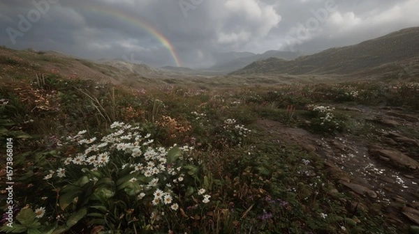 Fototapeta Enchanting Rainbow Over a Verdant Meadow with Wildflowers