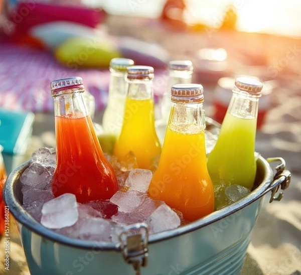Fototapeta Colorful glass bottles filled with refreshing drinks chilling in an ice bucket on the beach, basking in the warm glow of sunset