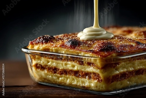 Obraz **A Clean Studio Shot Of Creamy Béchamel Sauce Being Poured Over Layered Lasagna In A Glass Baking Dish. Steam Rising, Melted Cheese Visible. Background Is Bright Kitchen Tone With Controlled Shadows.