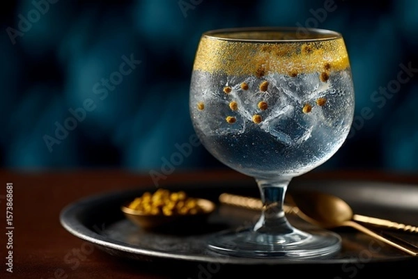 Obraz **A Luxury Cocktail Glass Holding Saffron Gin And Tonic With Floating Juniper Berries, Ice Cubes With Embedded Gold Flakes, And A Crystal-Clear Finish. The Rim Is Coated In Gold Sugar. Glass Sits On A
