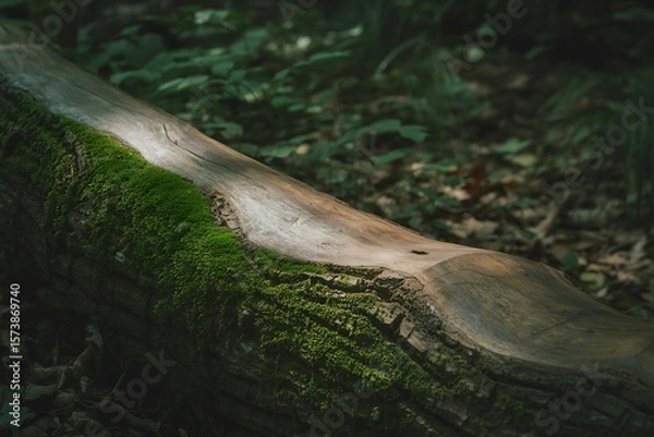 Fototapeta Mossy log in forest: a close up of a fallen tree trunk covered in green moss