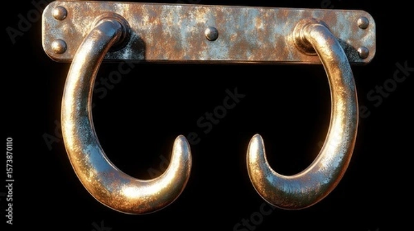 Fototapeta Rusted metallic double-handled door pull with curved ends on a dark background.