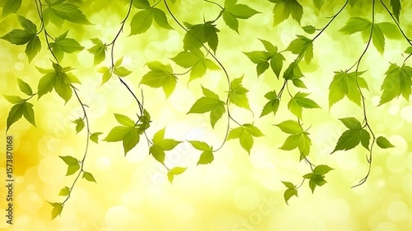 Fototapeta Delicate green leaves cascading gently against a soft, golden backdrop.