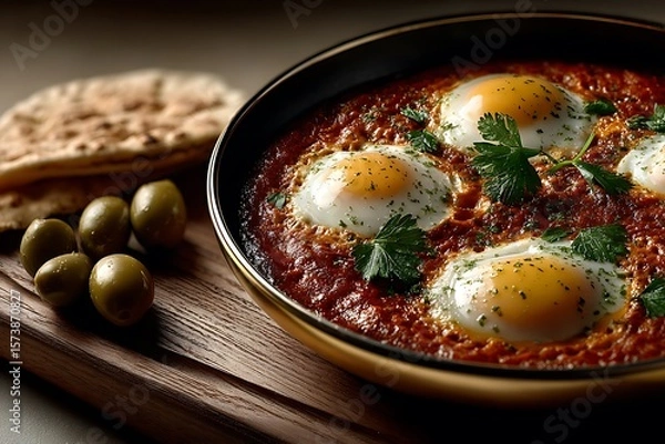 Obraz **A Luxurious Breakfast Flat Lay Of Shakshuka With Poached Eggs In Spiced Tomato Sauce, Garnished With Coriander And Served With Warm Arabic Flatbread And Labneh. Styled On A Gold-Rimmed Skillet Over 
