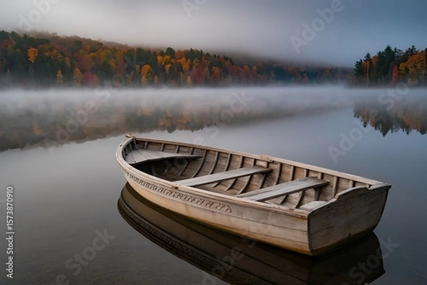 Fototapeta Serene lake scene with boat on water and autumn trees in the background fog