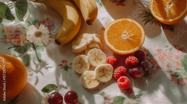 Fototapeta Vibrant Top-Down View of Freshly Sliced Citrus and Assorted Whole Fruits