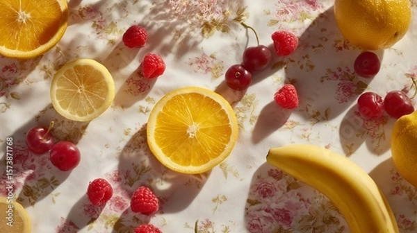 Fototapeta Vibrant Top-Down View of Assorted Sliced Citrus and Whole Fruits