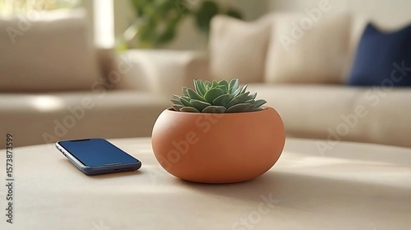 Fototapeta Terracotta planter with succulent and mobile phone on a table.
