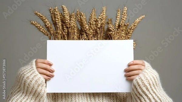 Fototapeta Blank paper held by hands wearing a knitted sweater, with wheat stalks atop the head.
