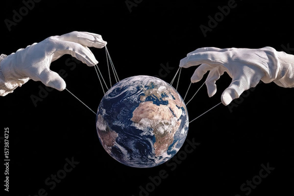 Obraz Global control shown with planet Earth being manipulated by puppeteer hands against a black background.